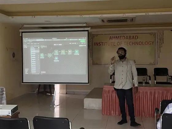 Anand teaching an n8n AI agent workflow at Ahmedabad Institute of Technology