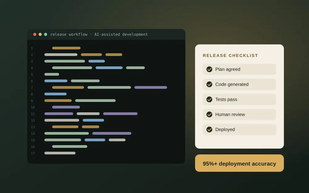 Illustration: AI-assisted development release checklist with 95%+ deployment accuracy