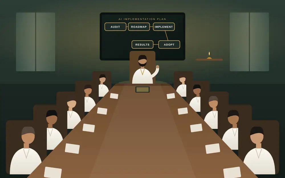 Illustration: Anand Shrivastava leading an AI implementation session for department heads dressed in white