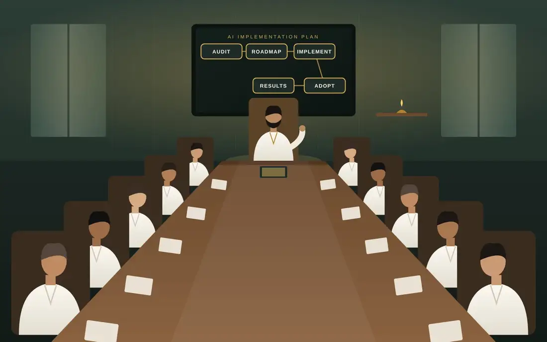 Illustration: Anand Shrivastava leading an AI implementation session for department heads dressed in white