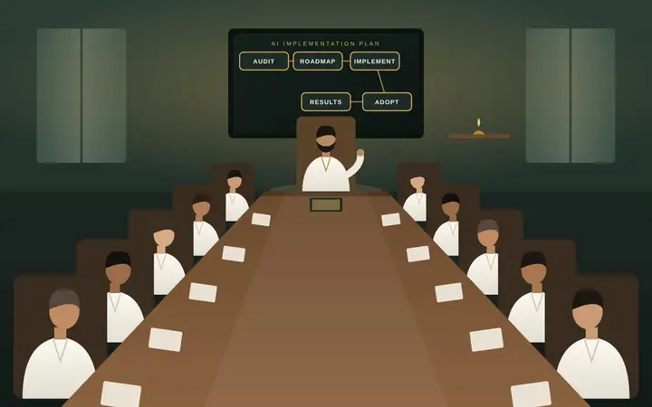 Illustration: Anand Shrivastava leading an AI implementation session for department heads dressed in white